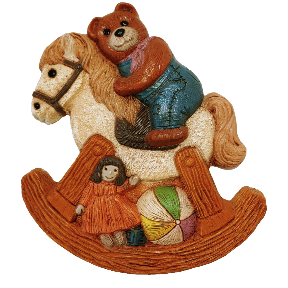 Vintage Nursery Wall Plaque HOMCO Bear Rocking Horse Doll 1986 Baby Decor 80's